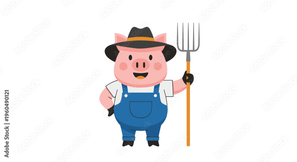 Obraz premium Cheerful pig farmer wearing a hat and blue overalls holds a wooden pitchfork while standing ready for farm work.