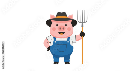 Cheerful pig farmer wearing a hat and blue overalls holds a wooden pitchfork while standing ready for farm work.