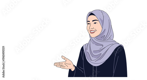 Friendly young Muslim woman wearing a purple hijab and black dress smiles warmly while making a welcoming hand gesture.