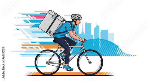 Fast bicycle delivery person in a helmet and blue shirt pedals through a city skyline with a large white box on their back.