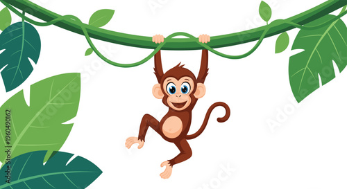 Playful brown monkey swings happily from a green jungle vine surrounded by large tropical leaves in a vibrant forest.