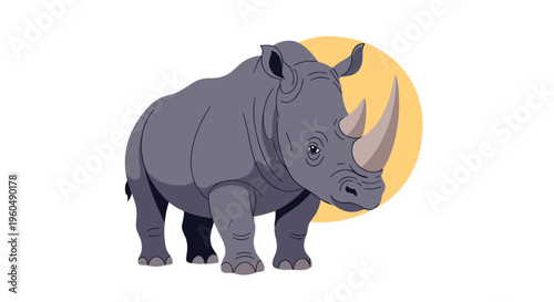 Solid rhinoceros with thick grey skin and large horns stands firmly against a soft yellow circle in a majestic nature pose.