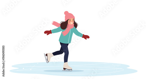 Happy young girl in a warm winter outfit and pink hat glides gracefully on the ice during a fun skating session.