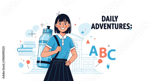 Cheerful school girl with black hair wearing a uniform and carrying a large water bottle in front of a school building.