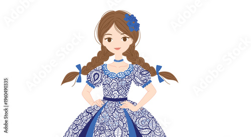 Beautiful young girl with long brown braids wearing an intricate blue and white patterned ball gown with blue flower accessories.