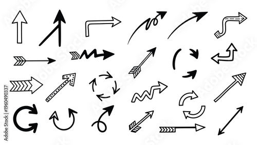 Collection of diverse hand drawn arrow symbols and direction indicators useful for graphic organizers, infographics, or educational materials to guide viewers