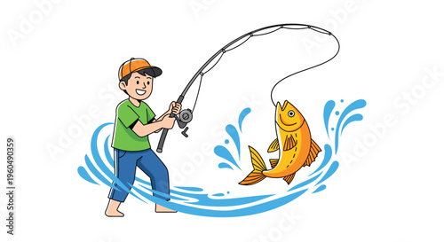 Young boy successfully catching a large golden fish on his fishing line while standing in splashing blue ocean water.
