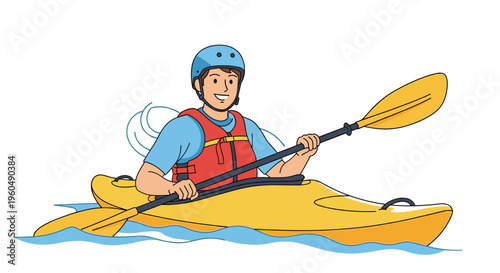 Active man wearing a safety helmet and life vest paddling a yellow kayak through the blue water on a sunny day.