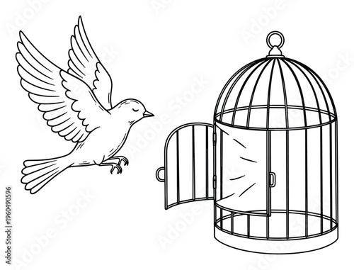 Bird taking flight from an open birdcage representing freedom and liberty suitable for conceptual graphic projects and inspiring educational materials about independence