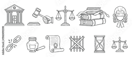 Legal system symbols featuring a courthouse, judges gavel, balance scales, law books, barristers wig, broken chain, inkwell, scroll, prison bars, and an hourglass for professional legal