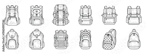 A versatile collection of hand drawn backpack outlines suitable for travel, school, hiking, and outdoor adventures, perfect for educational resources or graphic design projects.