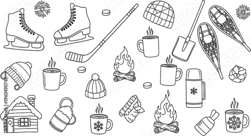 A collection of black and white line art illustrations depicting various winter activities and cozy objects