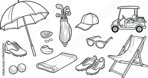 Detailed Black and White Line Art Illustration Set of Various Golf Equipment and Accessories for Leisure Activity