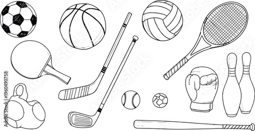 Hand-drawn sketch of diverse sports gear, featuring balls, rackets, clubs, and other athletic equipment on a white background.