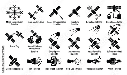 Advanced space technology icons depicting various futuristic satellites for communication, exploration, and servicing, plus diverse propulsion systems for aerospace presentations.