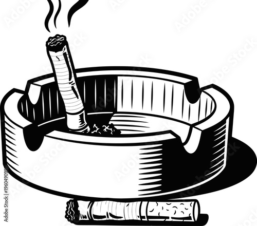 A black and white illustration of an ashtray with cigarette