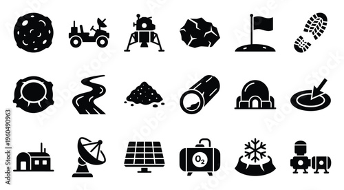 Essential space exploration and colonization icon collection featuring lunar vehicles, planetary environments, habitats, resources, and technology for educational content and sciencefiction