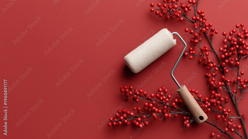 Obraz premium Eco friendly paint roller made of natural pine branches and berries on vibrant red background