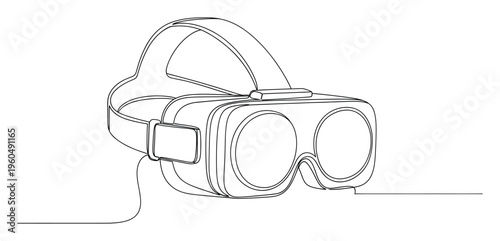 Single line drawing depicting a modern virtual reality headset, symbolizing immersive future technology and digital innovation, suitable for presentations and technologyfocused marketing