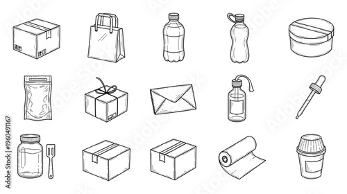 A collection of black and white handdrawn packaging icons depicting cardboard boxes, shopping bags, various bottles, and mail items, suitable for ecommerce and delivery visuals.