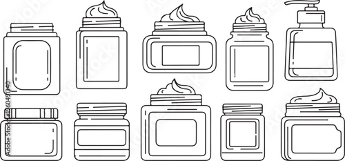 A collection of minimalist black and white line art illustrations featuring various cosmetic jars, cream containers, and a pump bottle for skin care branding.