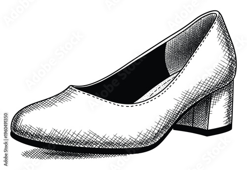 Hand drawn womens black and white pump with a chunky block heel for elegant footwear catalogs, sophisticated apparel promotions, and stylish accessory advertisements.
