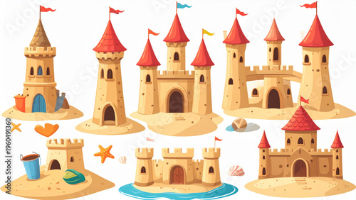 Beach Sand Castle Set with Six Different Cartoon Style Castles Vector