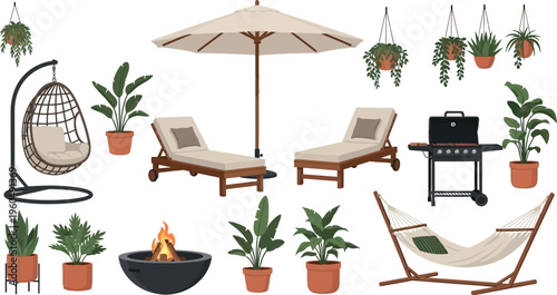 A comprehensive collection of outdoor patio furniture and garden elements including chairs, grill, and plants.