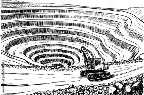 Excavator operates in a vast open pit mine with layered terraces and a deep central excavation
