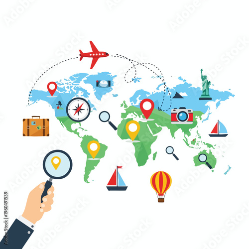 Worldwide map with travel icons, pins, and a hand holding magnifying glass