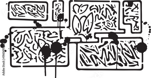 A collection of black spray-painted stencil frames featuring urban graffiti patterns and messy paint splatters for an edgy, street-style aesthetic.