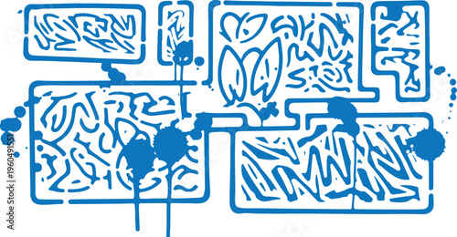 A collection of blue spray-painted stencil frames featuring urban graffiti patterns and messy paint splatters for an edgy, street-style aesthetic.