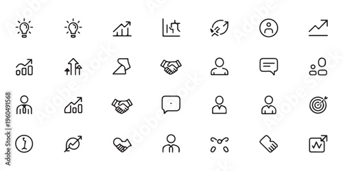 Outline icons for business and finance themes like teamwork strategy growth targets communication and successful ideas