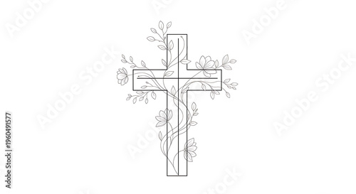 A delicate line drawing of a Christian cross adorned with intricate floral and vine elements, presented on a clean white background.
