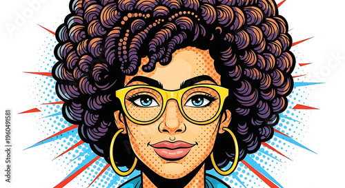 A vibrant pop art illustration of a confident woman with curly hair, yellow glasses, and hoop earrings, set against a dynamic comic book background.