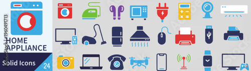 Collection of home appliance solid icons in flat design vector illustration