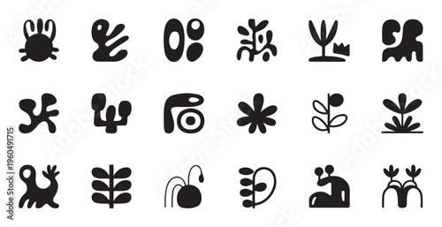 Abstract organic shape collection with unique black silhouettes set on white background for modern art design