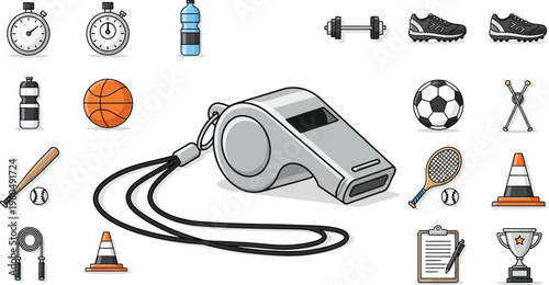 Collection of essential coaching and sports equipment icons centered around a prominent metallic referee whistle