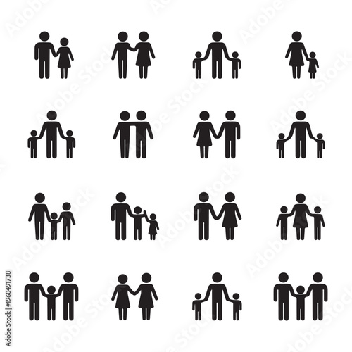 Stick Figure Social Interaction Icons – Individuals, Families and Community Vector Set