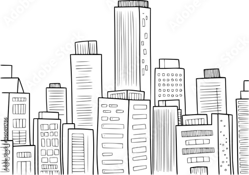 Hand Drawn Black and White Cityscape Skyline with Tall Buildings and Windows architecture