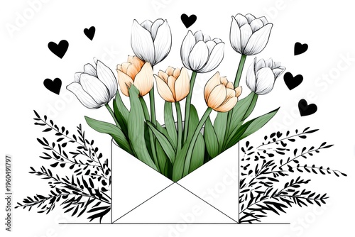 Tulips bouquet emerging from envelope with hearts