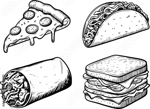 Hand Drawn Black And White Fast Food Pizza Taco Burrito Sandwich