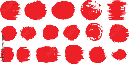 A collection of 18 textured red paint dabs and circular brush strokes, featuring a distressed, grunge aesthetic perfect for bold graphic accents.