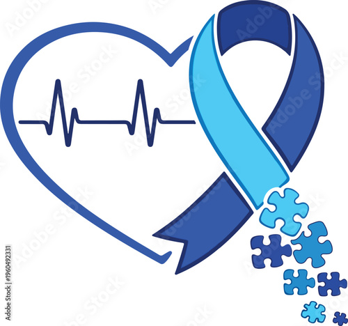 Autism Awareness Heart with Puzzle Pieces and Ribbon Vector Illustration, Neurodiversity Support Concept