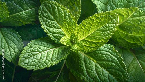 Close up of fresh green mint leaves with detailed texture