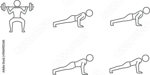 Collection of minimalist line icons illustrating essential strength training exercises like squats and push-ups for fitness applications and gym guides.