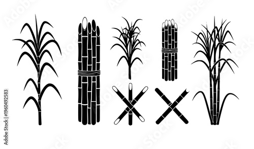 Sugarcane agriculture crop icons black vector set