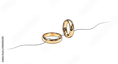 Golden Wedding Rings Connected by Delicate Line on White Background