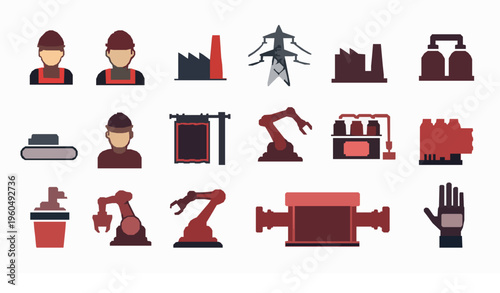 Industrial and Construction Icon Set Flat Vector Manufacturing Robotics Design