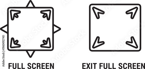 A set of minimalist line icons representing "Full Screen" and "Exit Full Screen" modes, designed with clean square frames and directional arrow pointers.